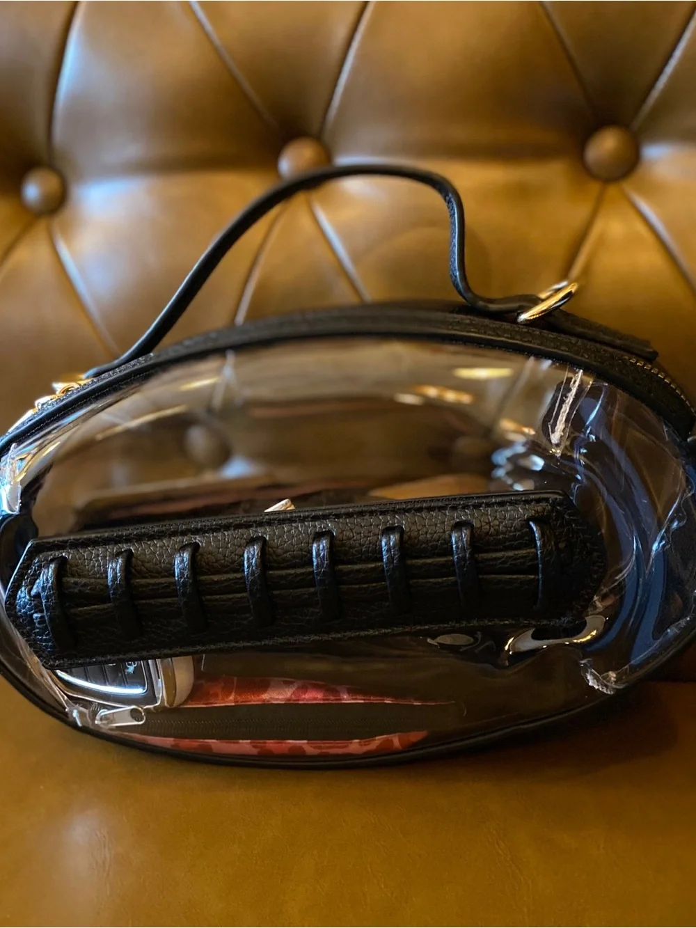 Football Shaped Clear Crossbody Bag with Leather Trim - Black